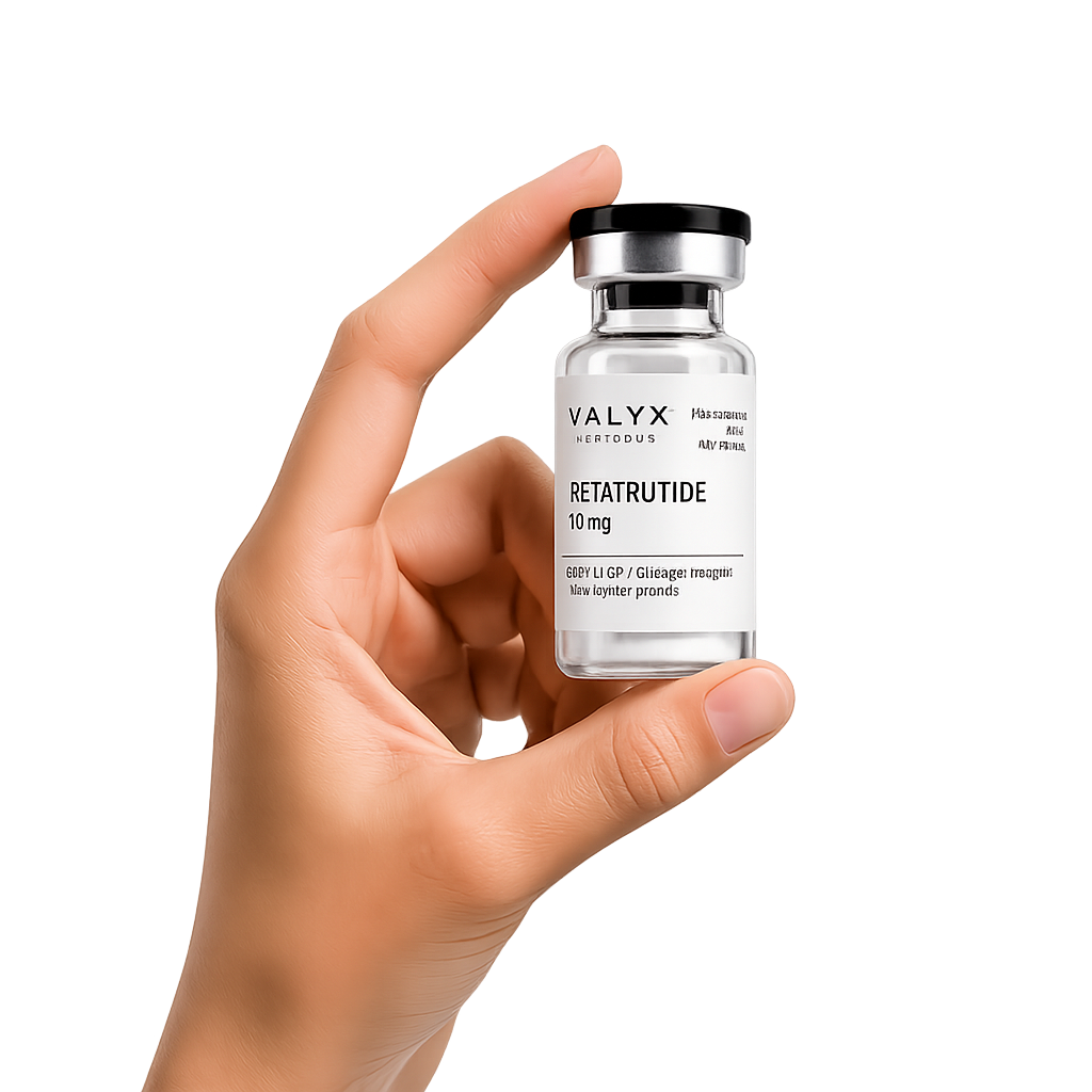 Hand holding a Valyx peptide vial