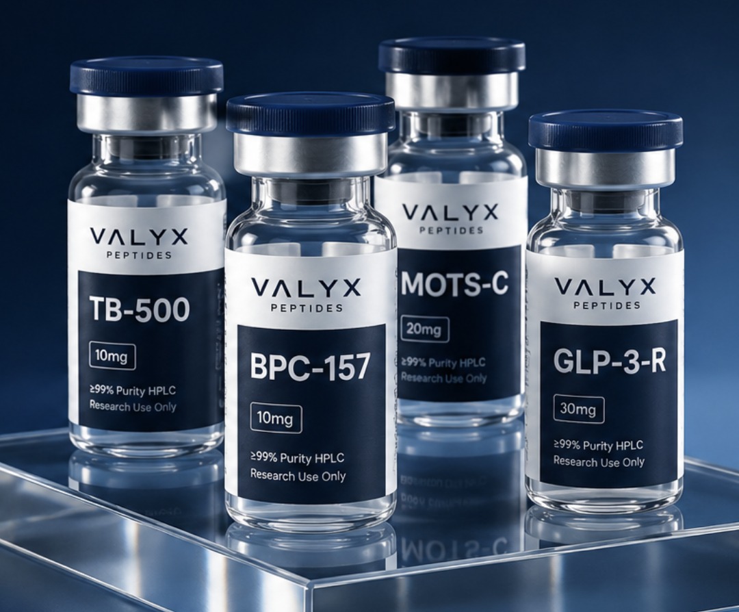 Valyx Peptides research peptide vials — TB-500, BPC-157, MOTS-C, and GLP-3-R